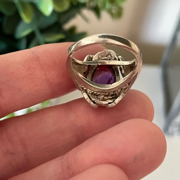 Vintage SA 925 Sterling Silver Amethyst Gemstone Dome Ring Medieval Style SZ 6.5 - Picture 6 of 11
